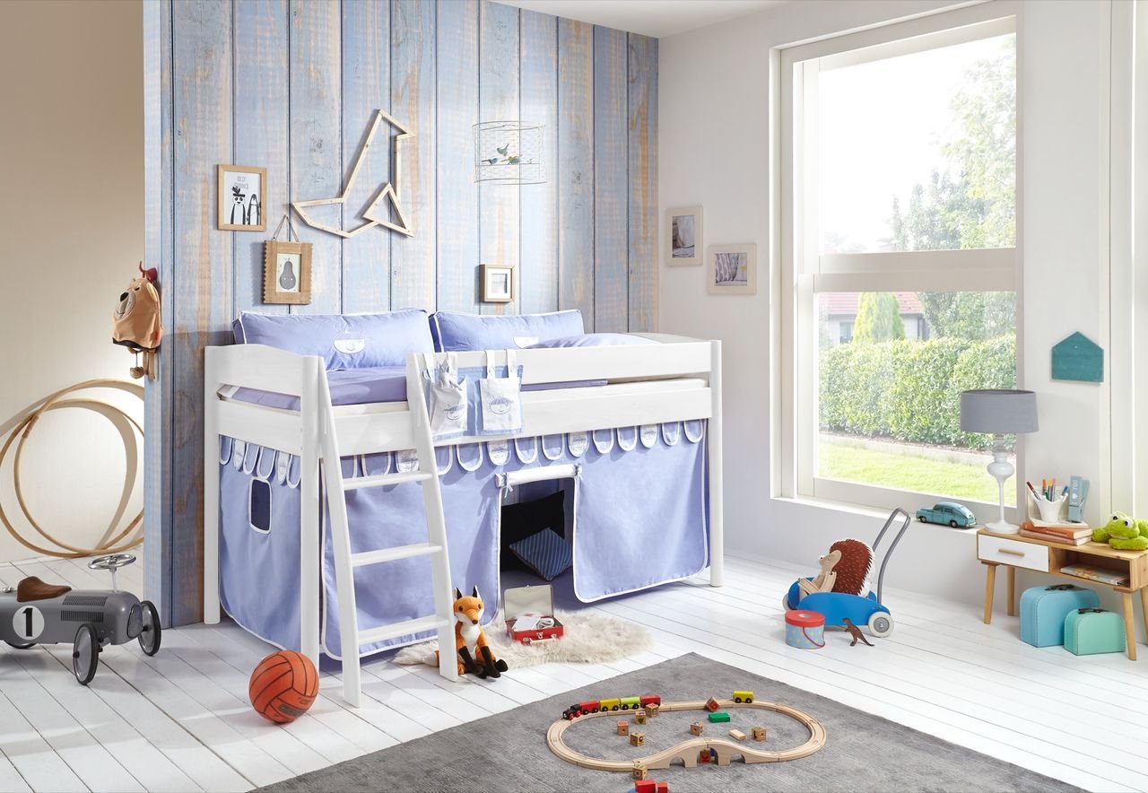 Halbhohes Bett MICHELLE 90x200 cm Buche massiv weiß lackiert, mit Textilset blau/boy
