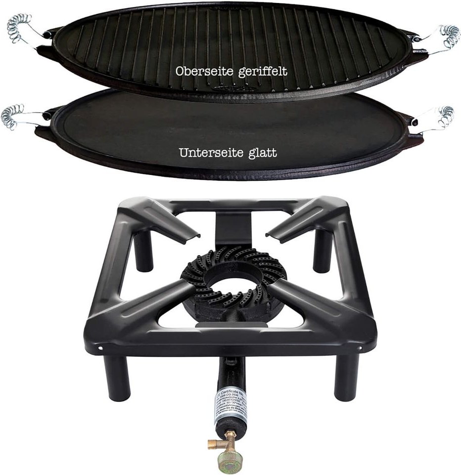 Hockerkocher-Set (klein) mit Gusseisen-Grillplatte Ø 38 cm