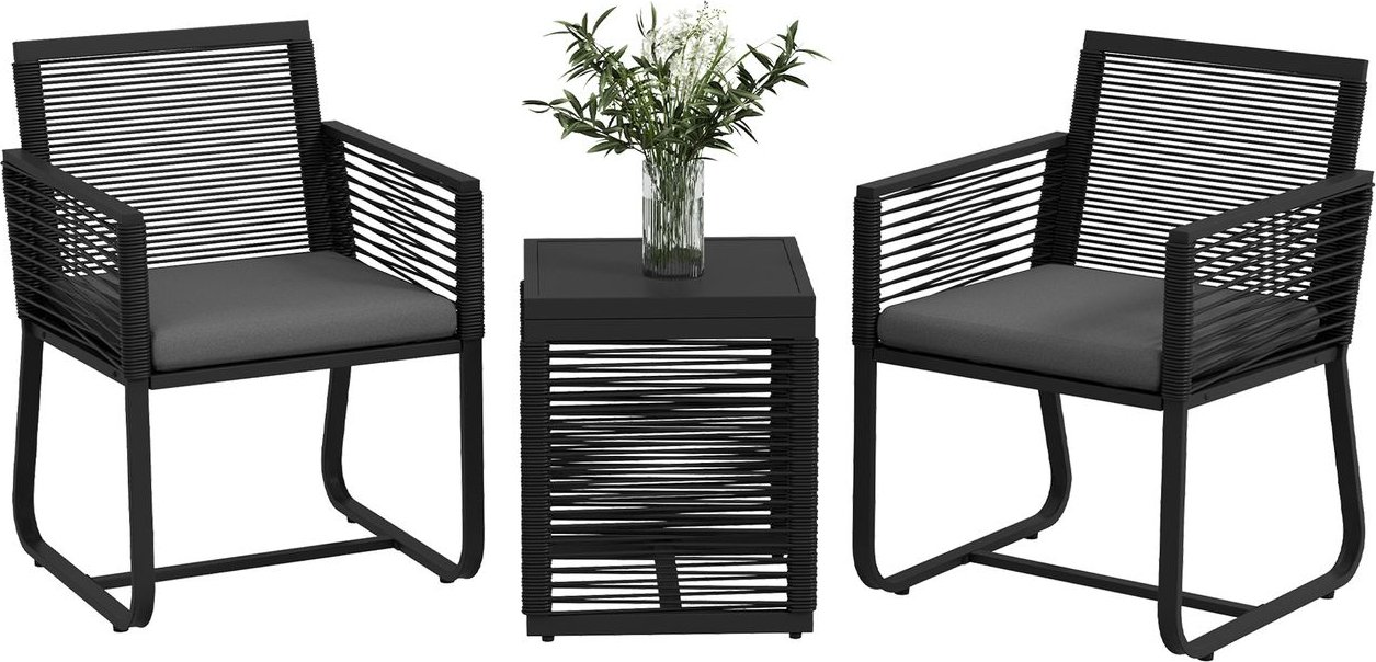 Outsunny 3tlg. Rattan Gartenmöbel-Set, Gartengarnitur mit Kissen Schwarz
