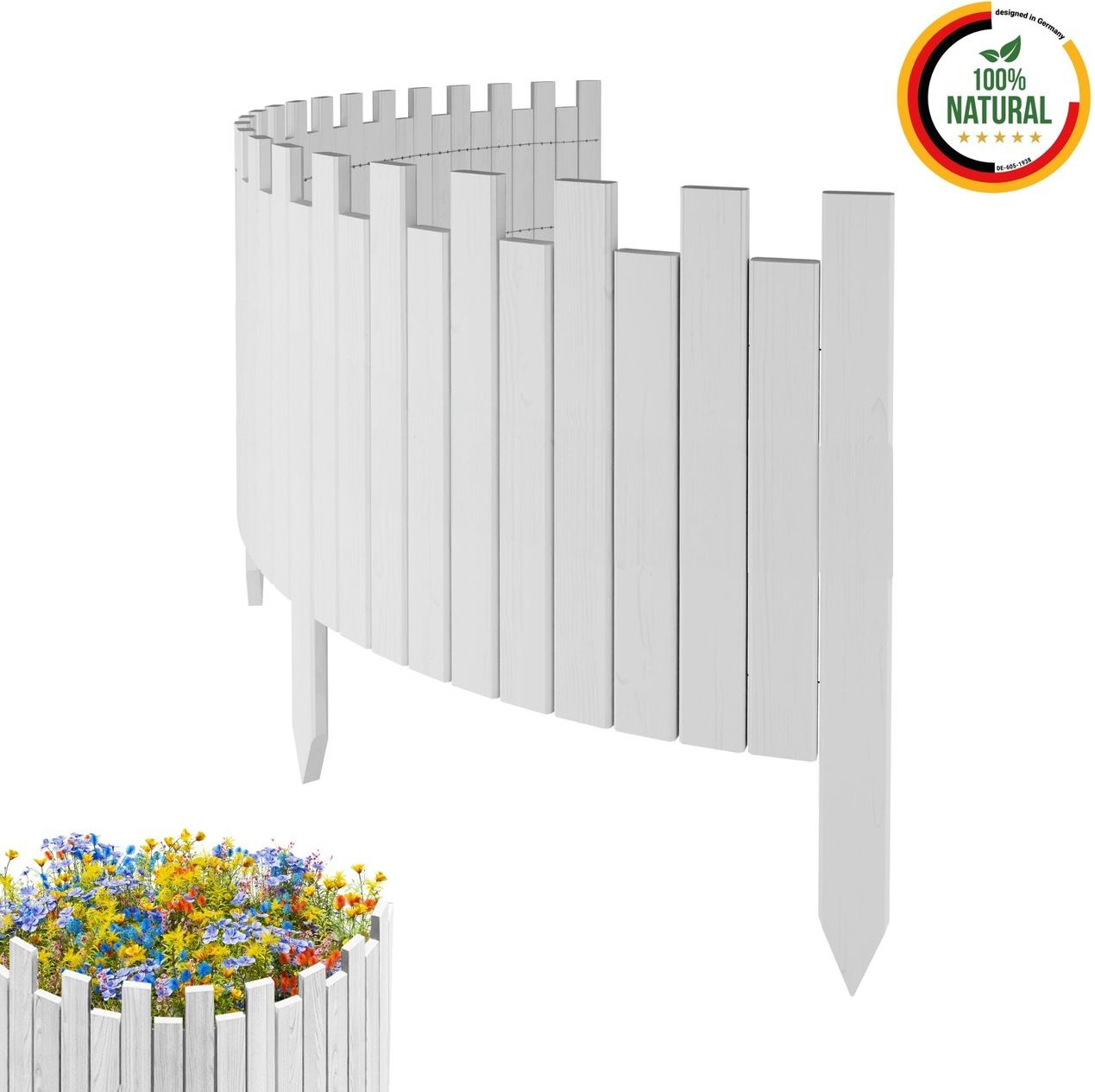 Beeteinfassung 200 x 40 cm Weiß Holz Rollzaun Holzzaun Rasenkante Palisade Beetumrandung