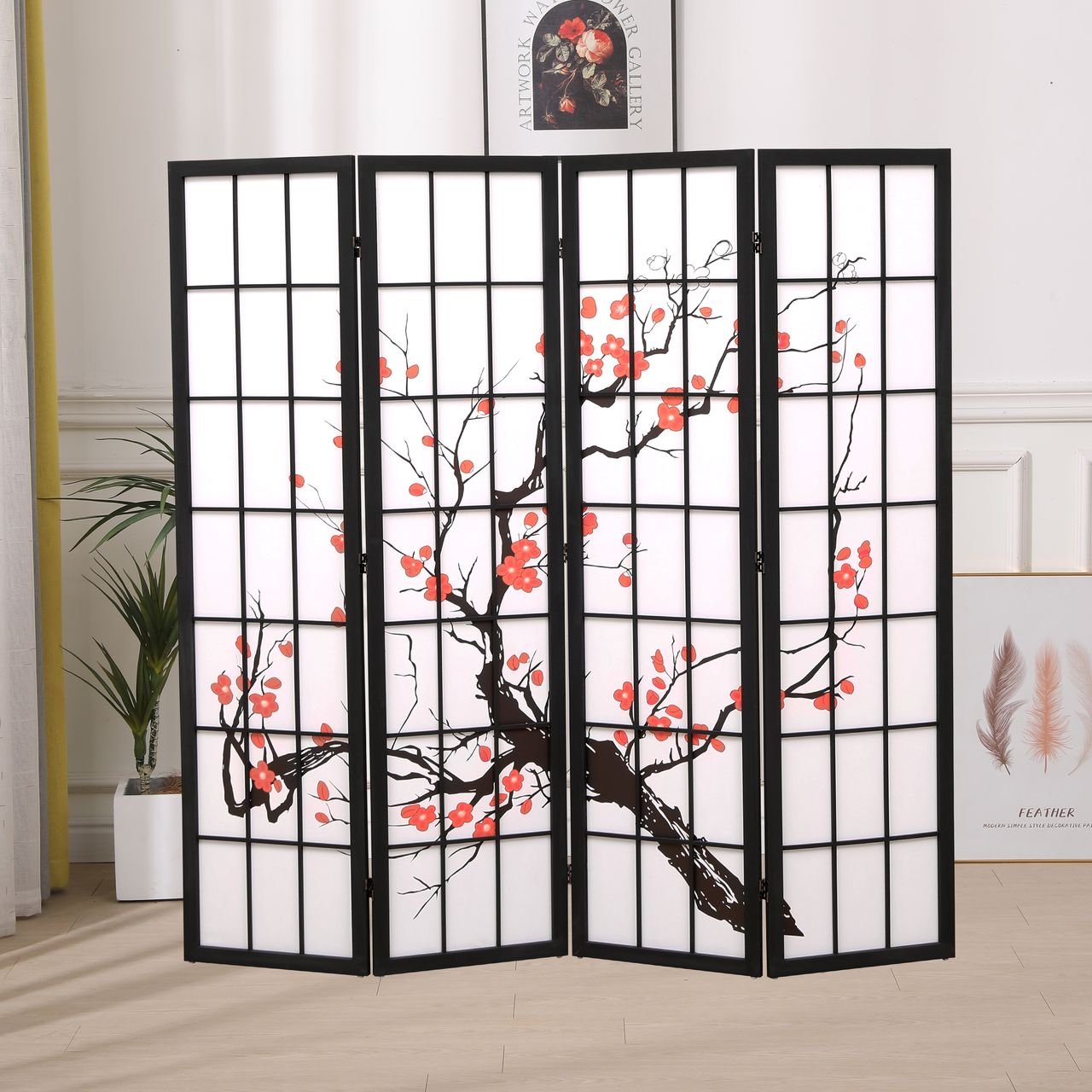 Raumteiler Paravent 4tlg. HPR02-ROT mit Kirschblütenmuster