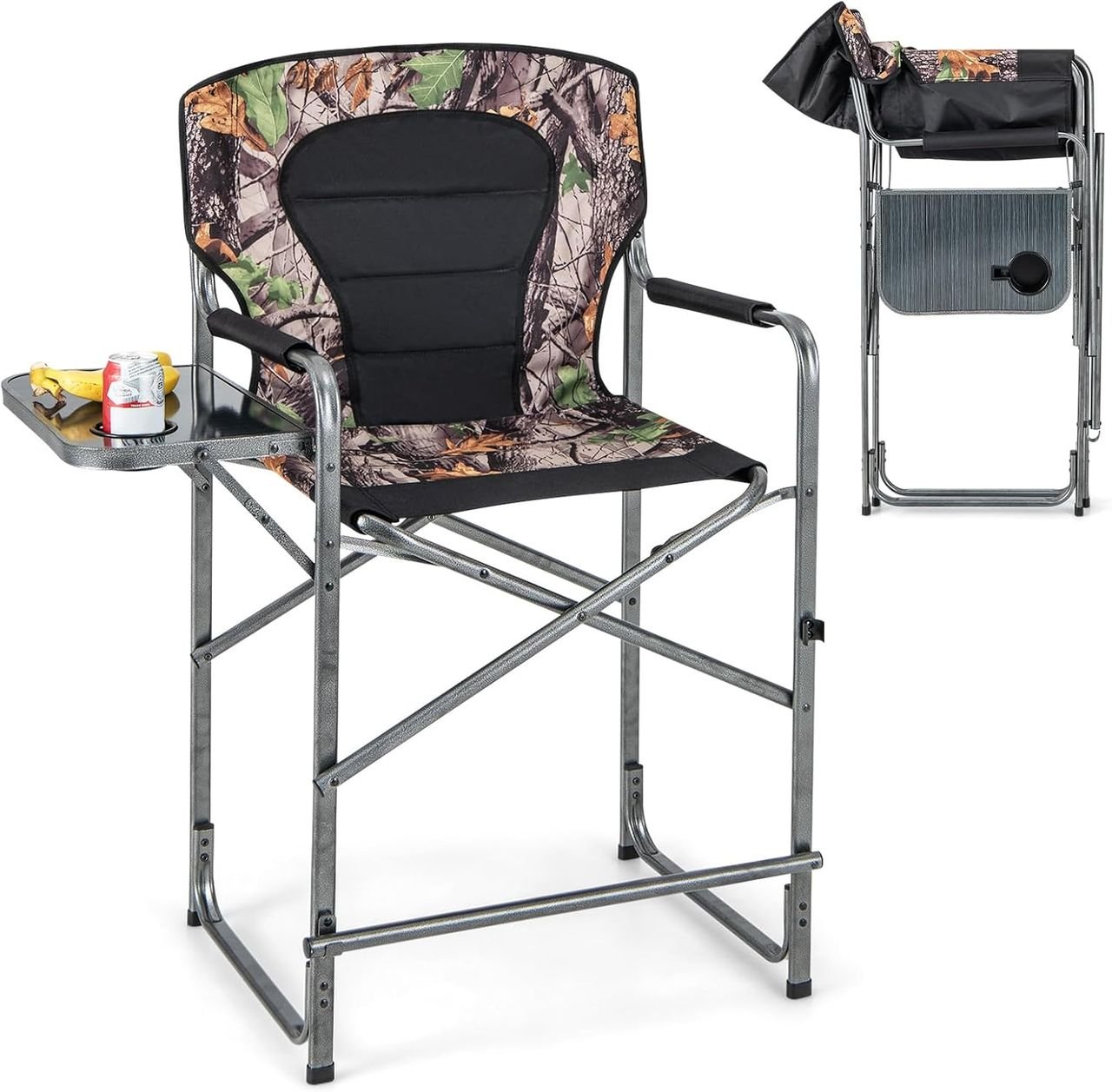 Campingstuhl faltbar, hoher Klappstuhl mit Seitentisch, Abnehmbarer Fußstütze, Becherhalter