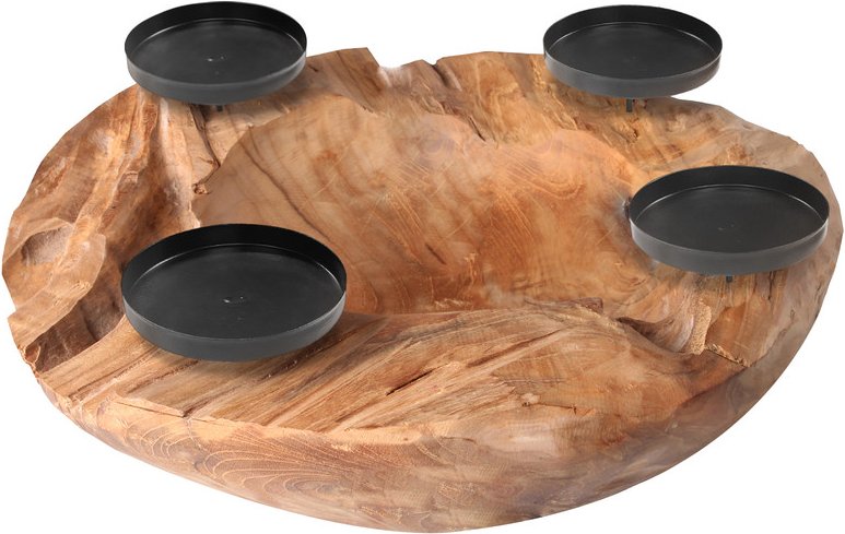 HOMECALL Adventsleuchter, Weihnachtsdeko, Teakholzschale mit 4 stabile Kerzenhaltern