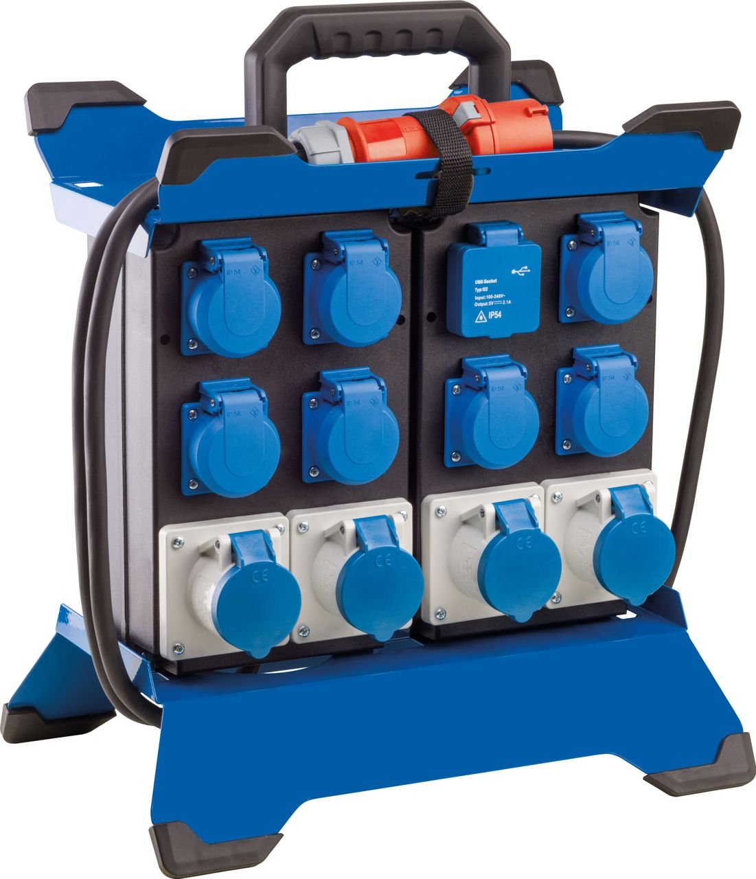 Camping Stromverteiler mit CEE Stecker, 7x Schuko, 4x CEE Steckdosen, 2x USB spritzwassergeschützt