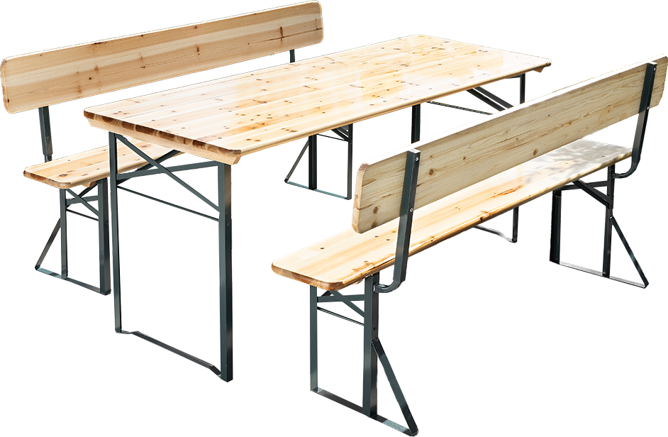 3tlg. Bierzelt-Garnitur mit Rückenlehne aus Tannenholz