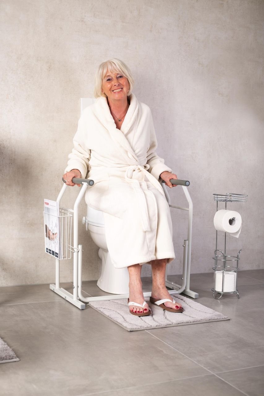 Mobile WC-Aufstehhilfe Sam, weiß, inkl. Ablagekorb, Stahl / EVA