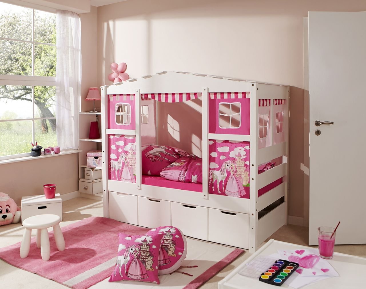 Hausbett MINI Prinzessin Rosa 80x160 cm Var 1 - mit Zusatzbett - inkl. 2 Matratzen