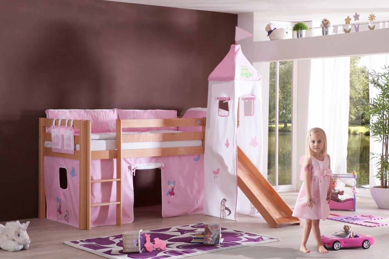 Thumbnail - Halbhohes Spielbett ALEX mit Rutsche/Turm Buche massiv natur lackiert mit Stoffset Princess