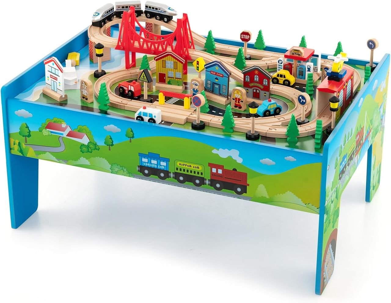 80-teiliges Kinder Eisenbahn Set, Spieltisch aus Holz mit umkehrbarer