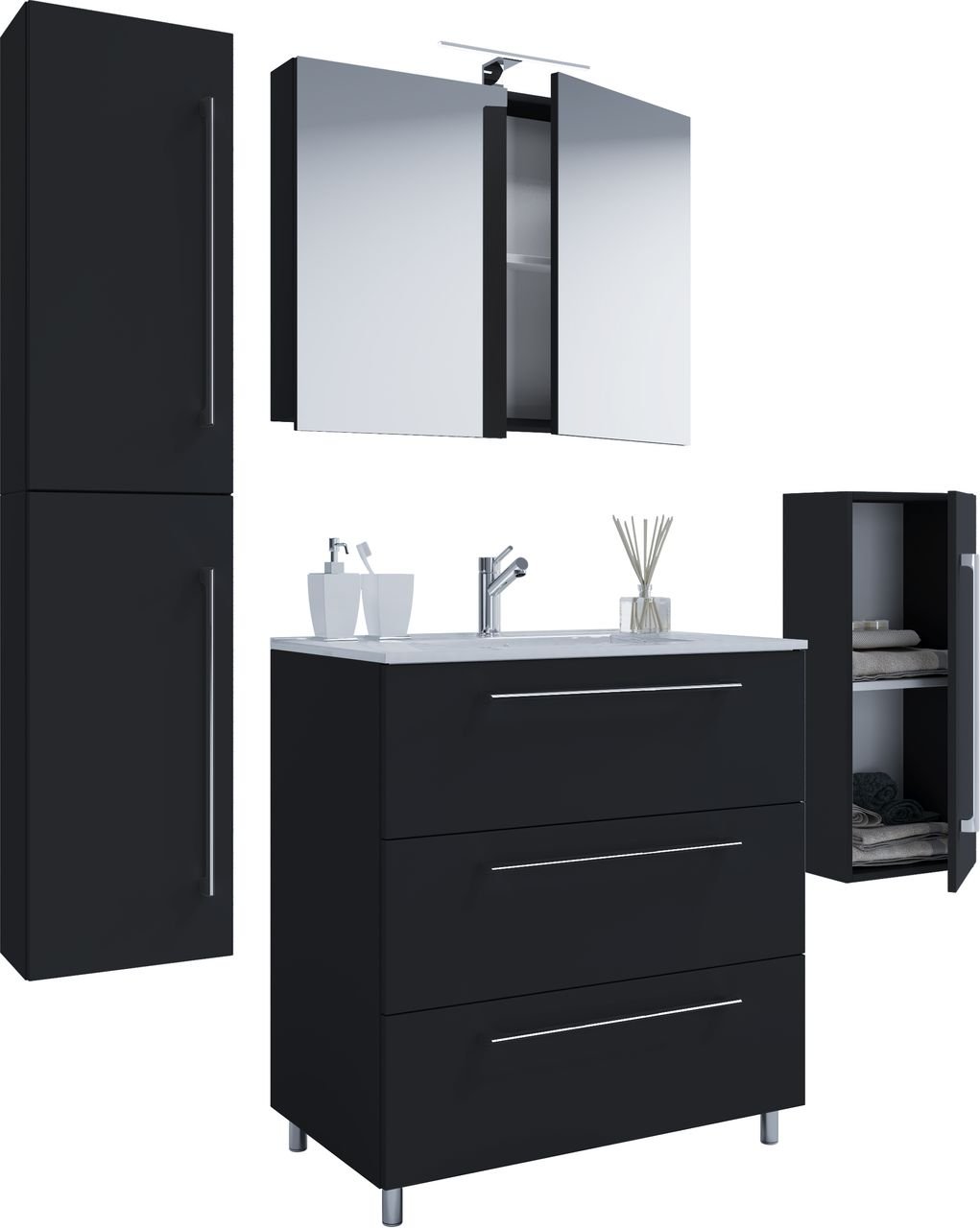 5-tlg. Stand-Waschplatz "Badinos 3 Schubfächer" Mit Spiegelschrank + Midi-/Hochschrank Schwarz