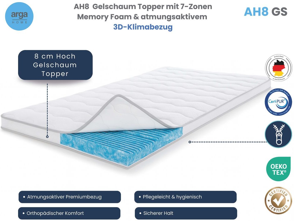 AH8 Gelschaum Topper mit 7-Zonen Memory Foam & atmungsaktivem 3D-Klimabezug