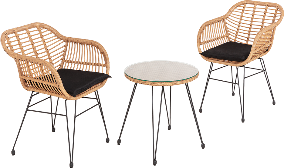 3tlg. Balkonset helles Rattan mit Sitzkissen - Schwarz