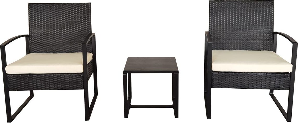 3tlg. Casual-Set Balkonset Sitzgruppe schwarzes Rattan mit Sitzkissen in beige