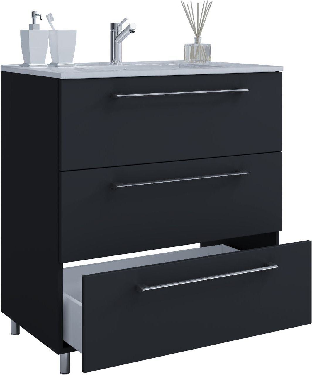 2-tlg. Stand-Badblock "Badinos 3 Schubfächer" 80cm Schwarz