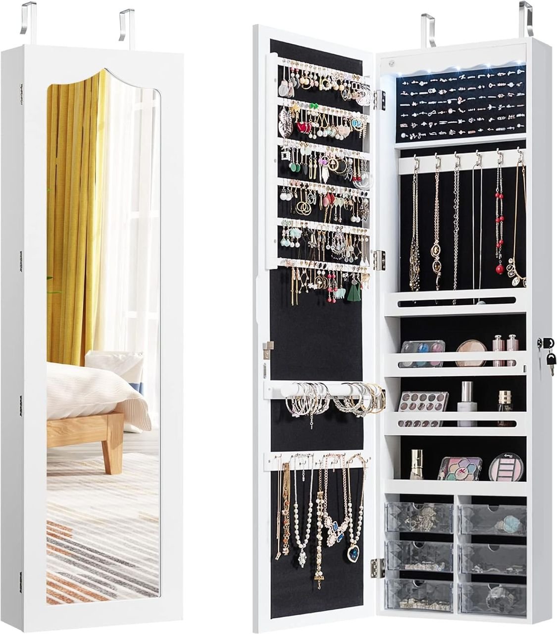 Schmuckschrank hängend, Sipegelschrank mit LED-Beleuchtung, Spiegel und 6 Schubladen