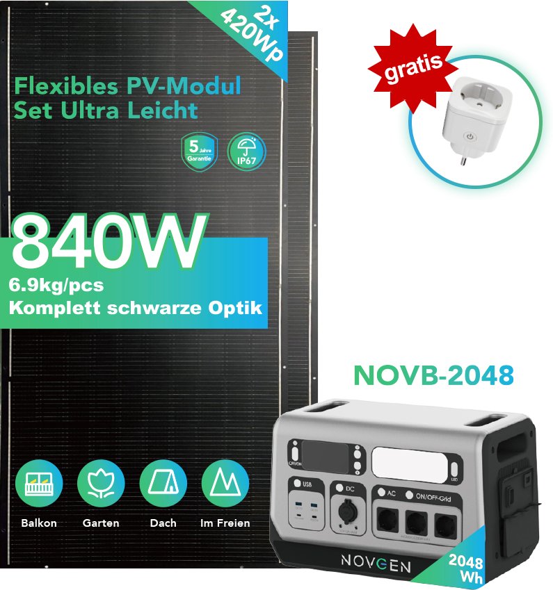 NOVB-2048 Batteriespeicher 2.200 W + 2× 420 W Flex PV-Module, inkl. Gratis Smart Plug