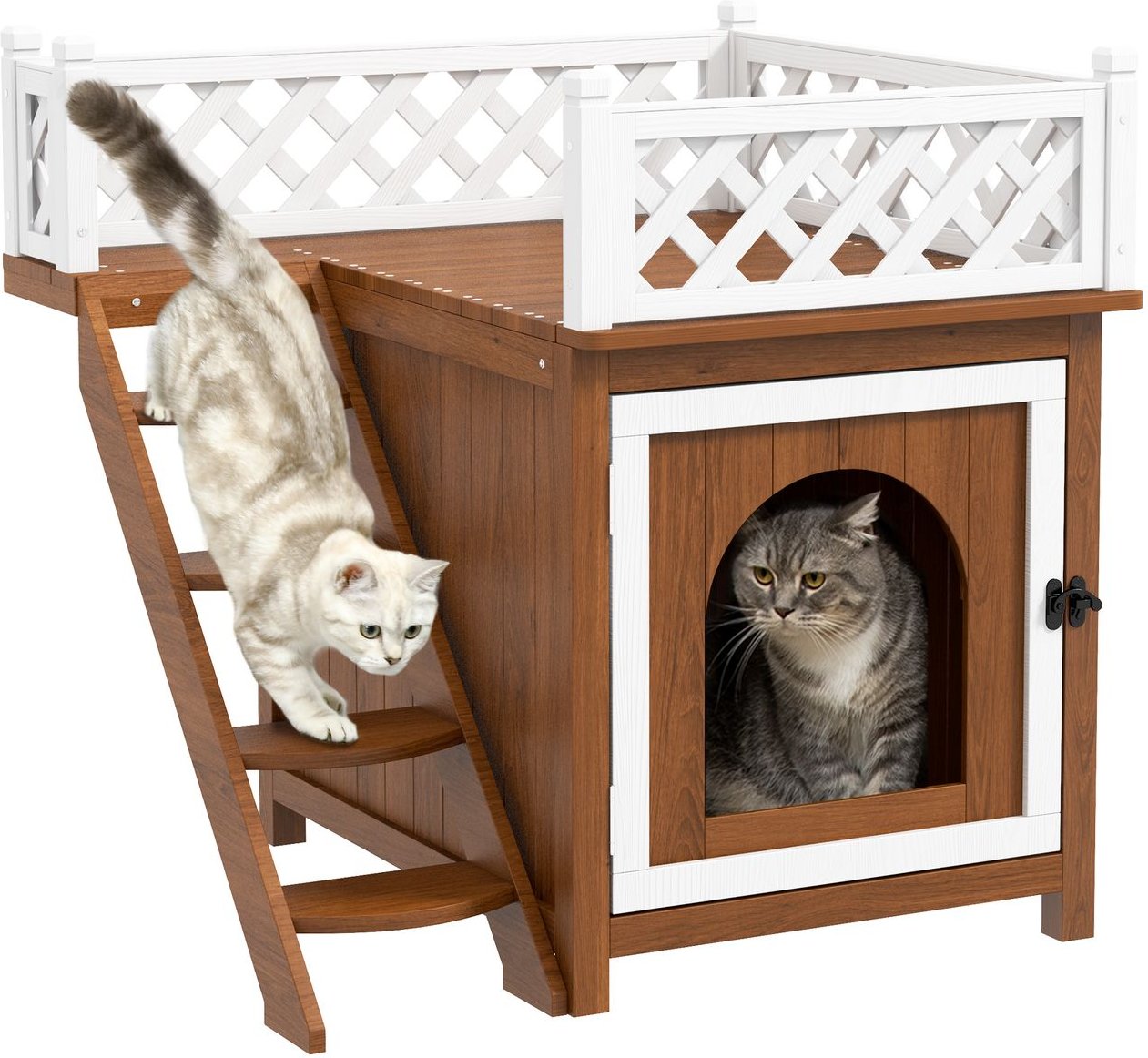 Thumbnail - PawHut Katzenhöhle, Katzenhütte aus Tannenholz, Katzenhaus mit Balkon, Treppe