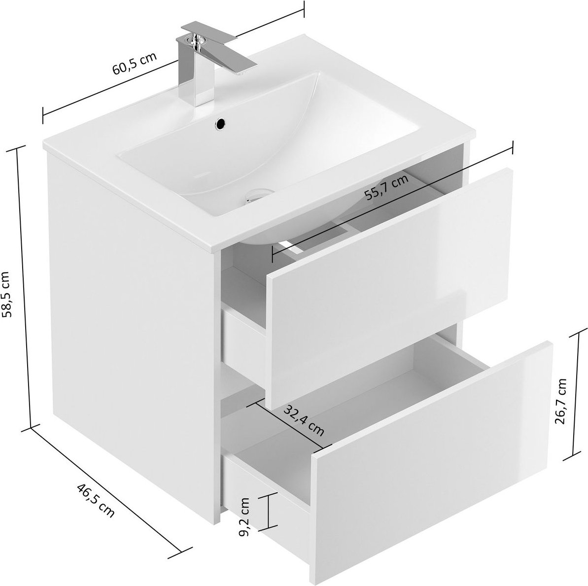 Badmöbel Limes & Waschtisch 60cm 2 Greifraum SoftClose Auszüge weiß Hgl