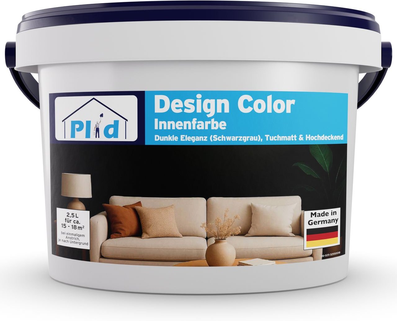 Plid® Design Innenfarbe Schwarzgrau 2.5L für ca. 18 m² , Matte Wandfarbe "Dunkle Eleganz "