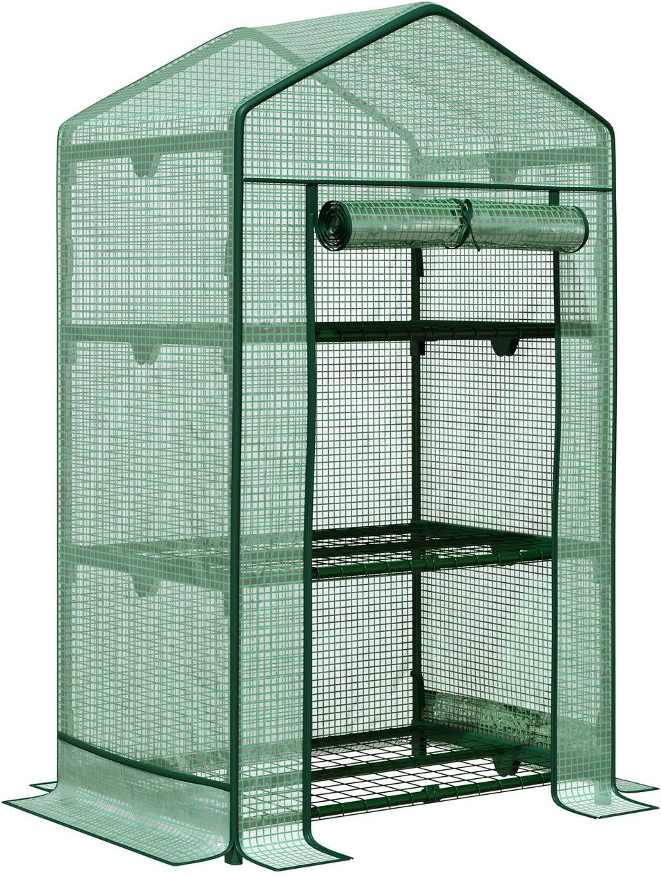 Mini-Gewächshaus Anzuchtgewächshaus mit Folienabdeckung und 3 Regalböden Regale Rolltür Gemüsebeet Grün 69 x 49 x 125 cm