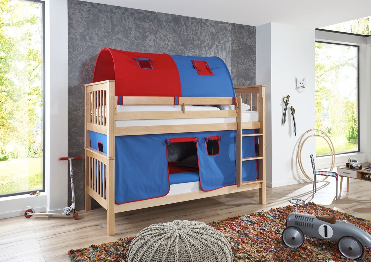 Etagenbett Kick Buche massiv natur lackiert mit Textilset aus Vorhang und 2-er Tunnel - blau/rot