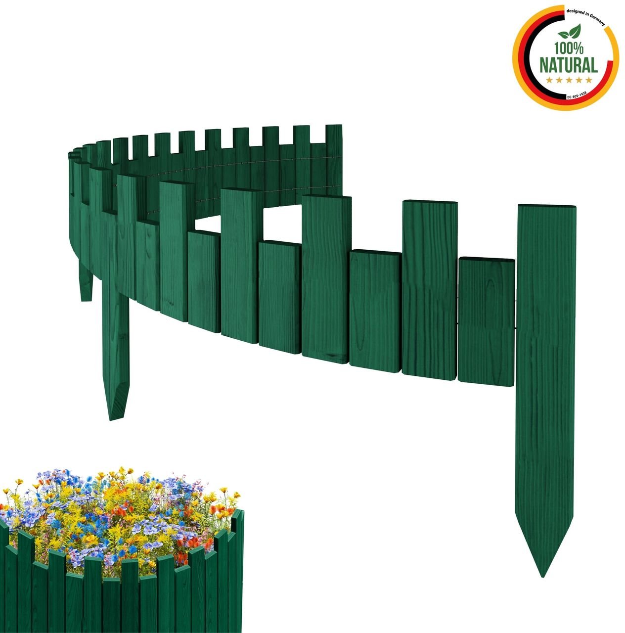 Beeteinfassung 200 x 15 cm Grün Holz Rollzaun Holzzaun Rasenkante Palisade Beetumrandung