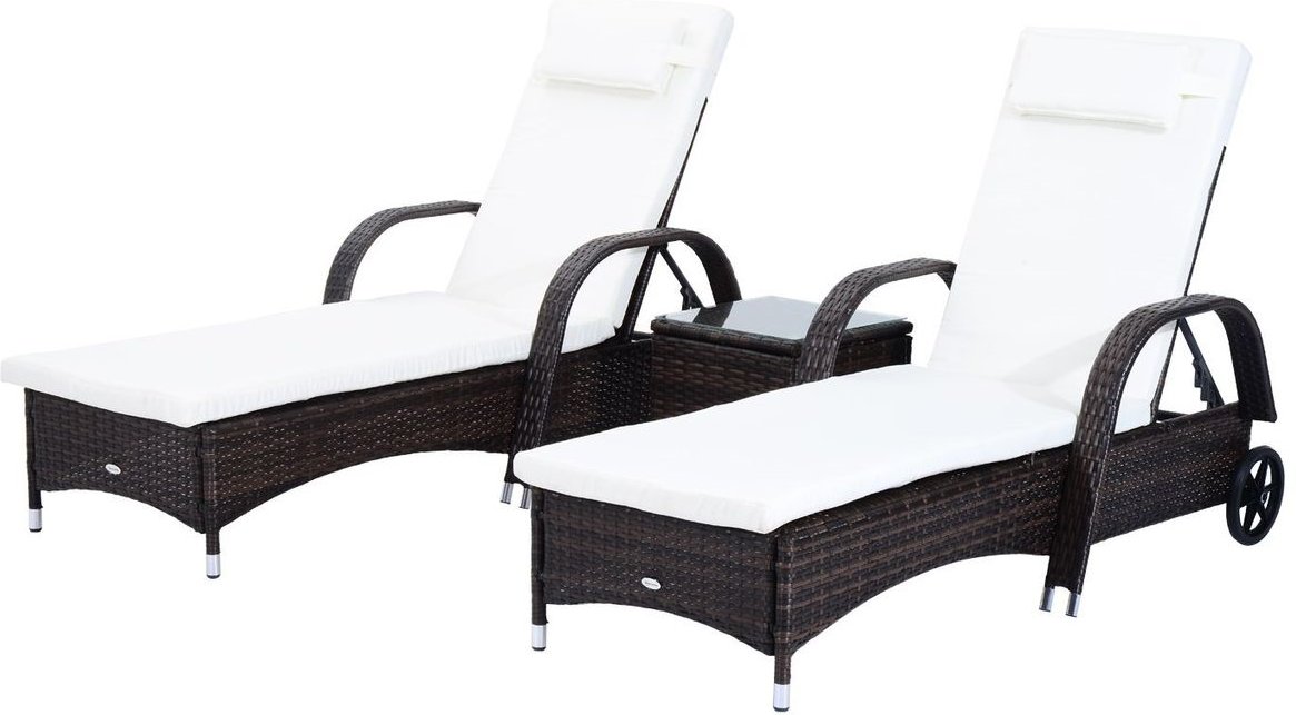 Sonnenliege Gartenliege Tisch 3er-Set Gartenmöbel Braun/Cremeweiß