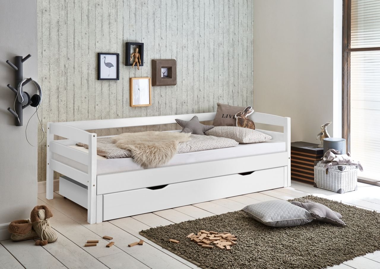 Thumbnail - Funktionsbett Emilia - ca. 90 / 180 x 200 cm, Buche massiv, weiß lackiert, inkl. Bettschublade