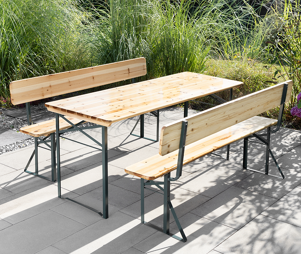 3tlg. Bierzelt-Garnitur mit Rückenlehne aus Tannenholz