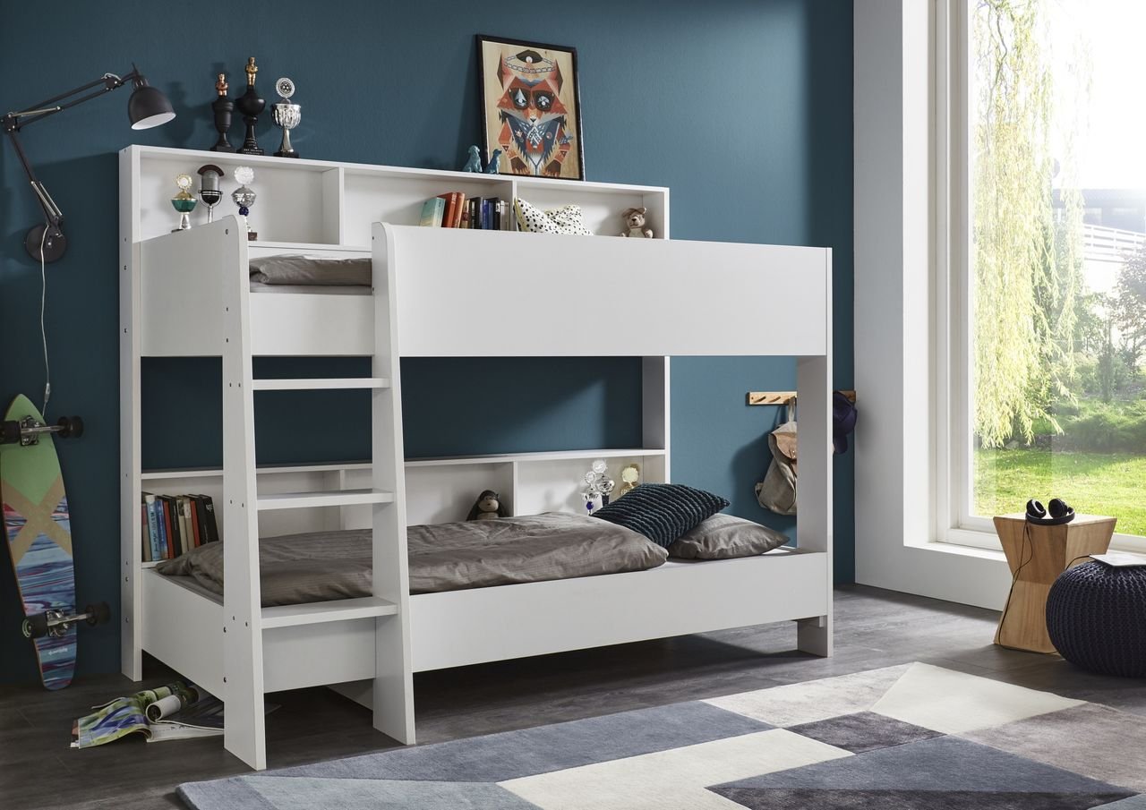 Etagenbett SWAY mit 2x Liegeflächen 90x200 cm, inkl. Bodenplatte und Regalen, Dekor Weiß