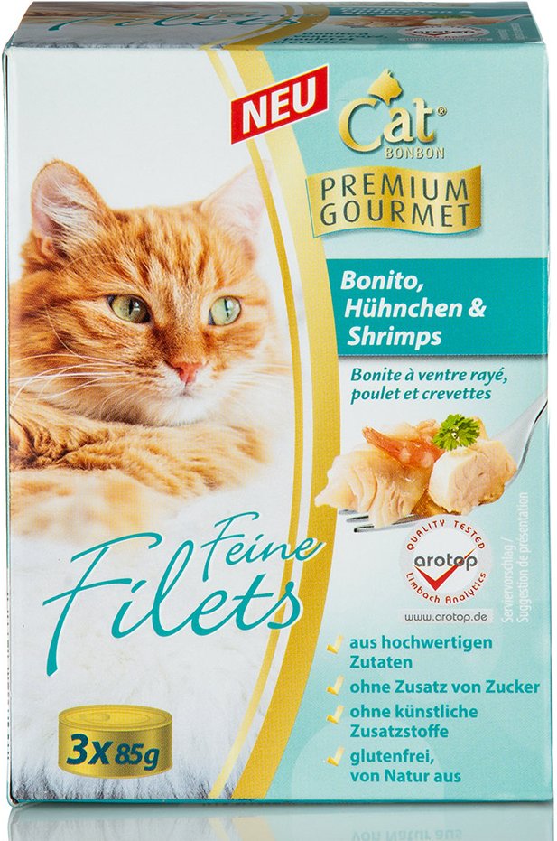 Feine Filets, Bonito, Hühnchen & Shrimps, 3 x 85 gr.