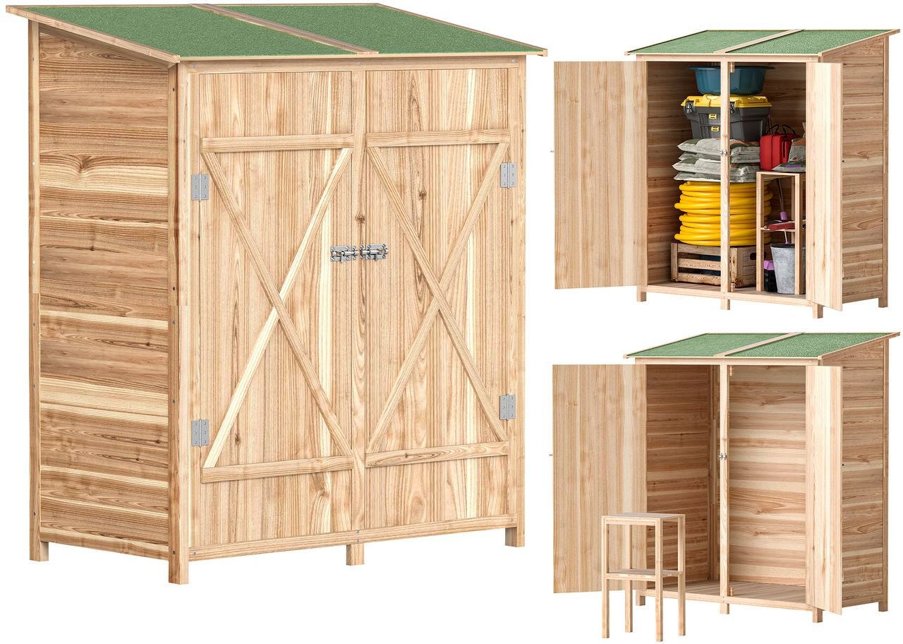 Gartenschrank Holz, Geräteschuppen wetterfest 140 x 75 x 157cm Natur