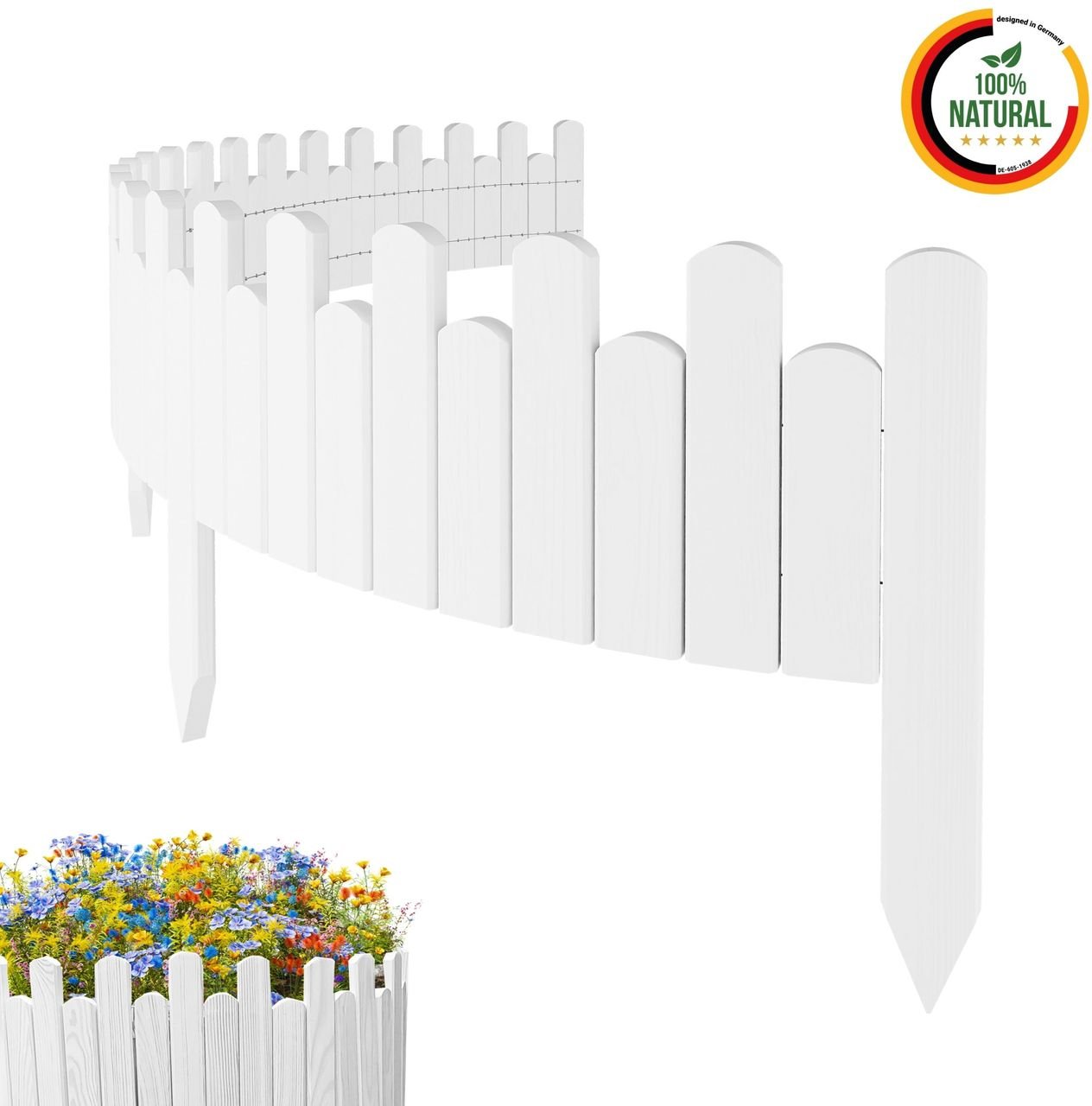 Beeteinfassung Rasenkante 200cm Flexibler Gartenzaun Rollzaun Palisade Höhe 20 cm, Weiß