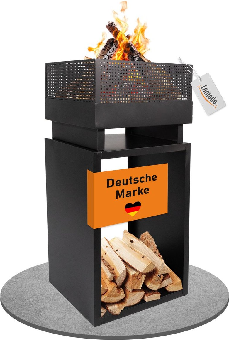 Feuerkorb mit Holzlager, Feuerschale Stahl, Feuerstelle 85,5cm hoch