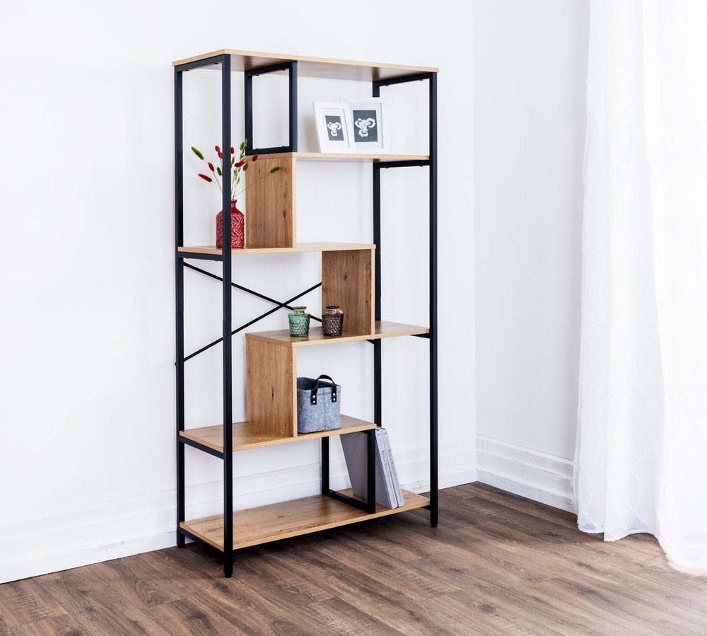 Asymmetrisches Wohnzimmerregal, ca. 84 x 35 x 163 cm - Braun/Schwarz