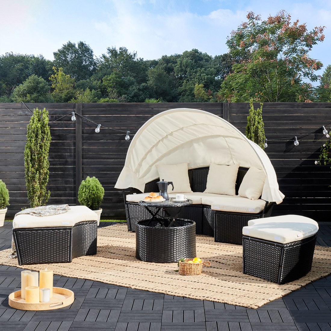 Sonneninsel Polyrattan mit Sonnendach 185x185x75 cm schwarz creme