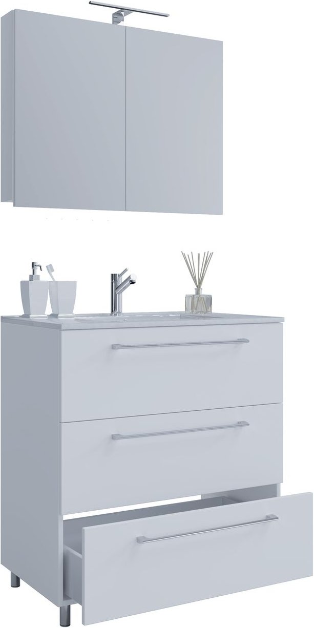 3-tlg. Stand-Waschplatz "Badinos 3 Schubfächer" 60 cm | Mit Spiegelschrank Weiß