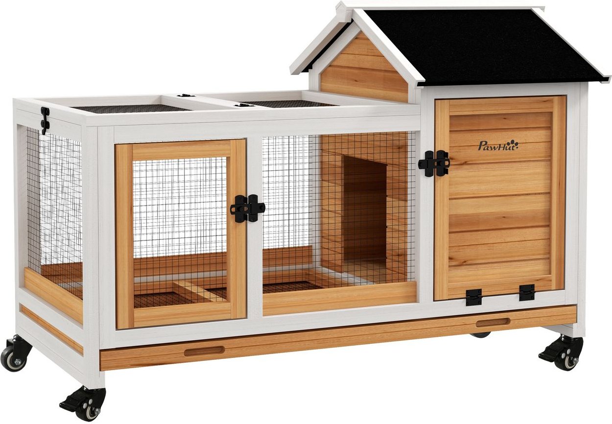 Zwergkaninchenstall, Kleintierstall mit Freilaufgehege, Rädern, Klappdach, Gelb