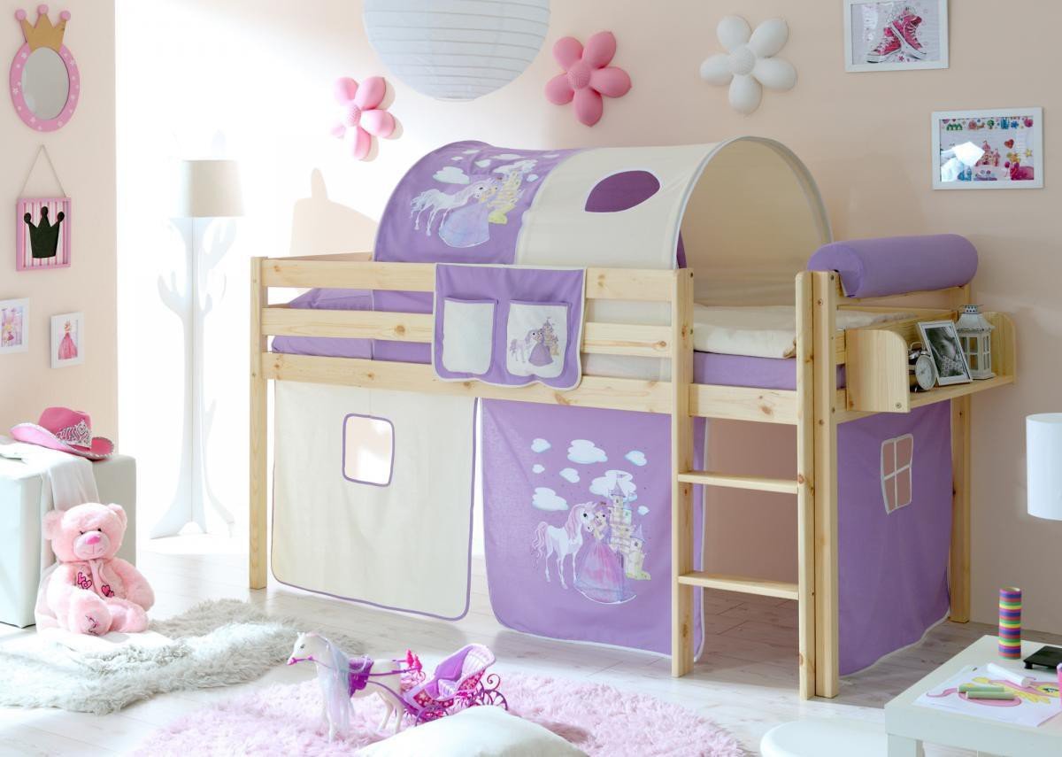 Hochbett "Malte" Kiefer Natur "Horse (lila)"