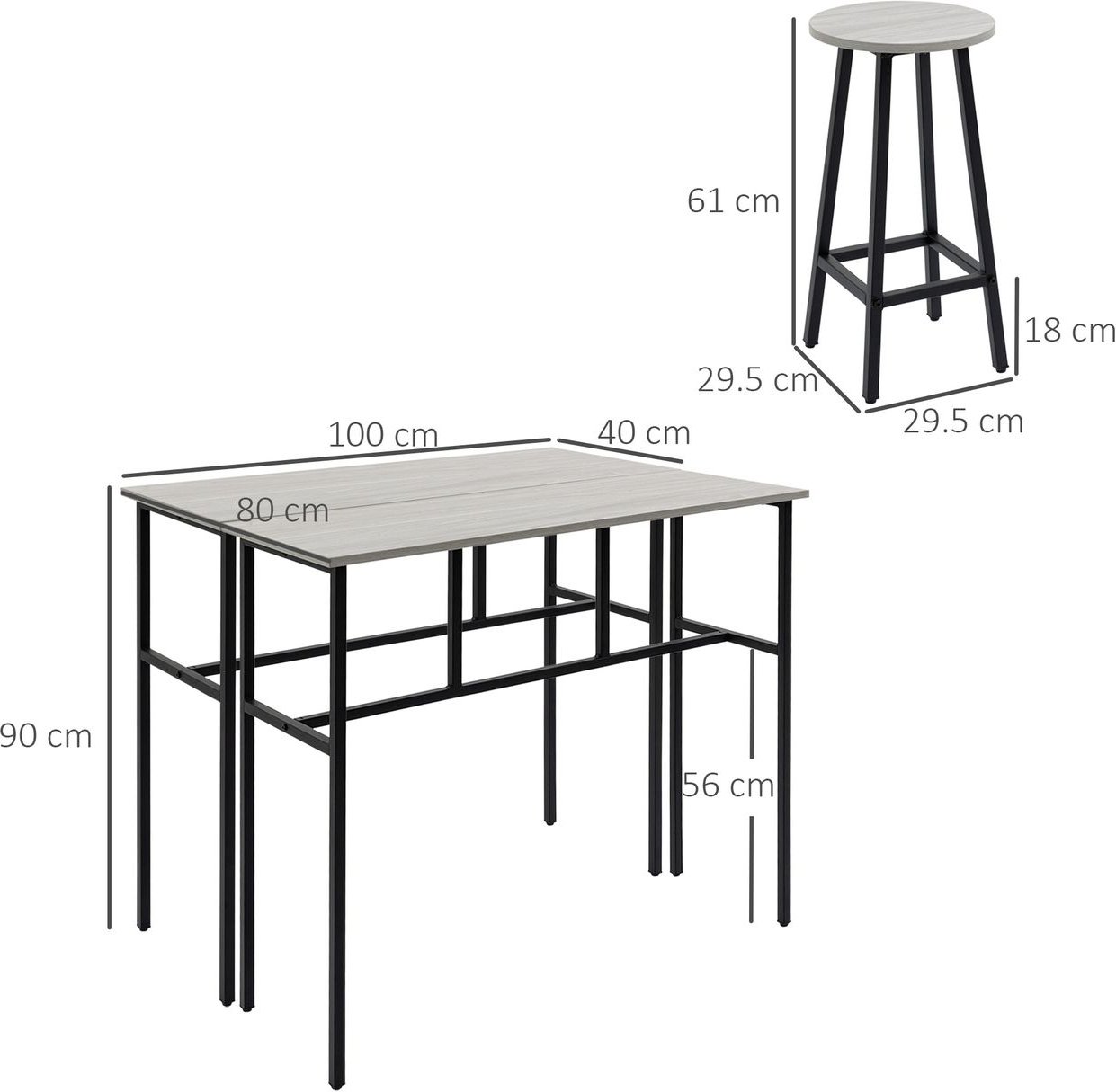 6-teilig Essgruppe 2 Bartisch mit 4 Stühlen im Industrial Design Grau