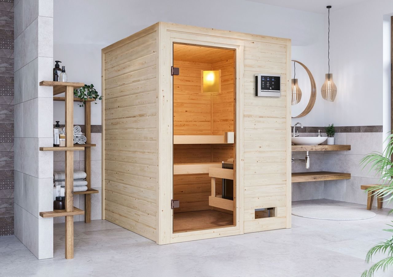 Sauna "Worpswede" SET naturbelassen mit Ofen 3,6 kW ext. Strg.