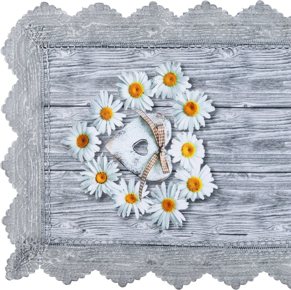 Mitteldecke mit Spitze, ca. 80 x 80 cm - Gänseblümchen mit Herz auf Holz