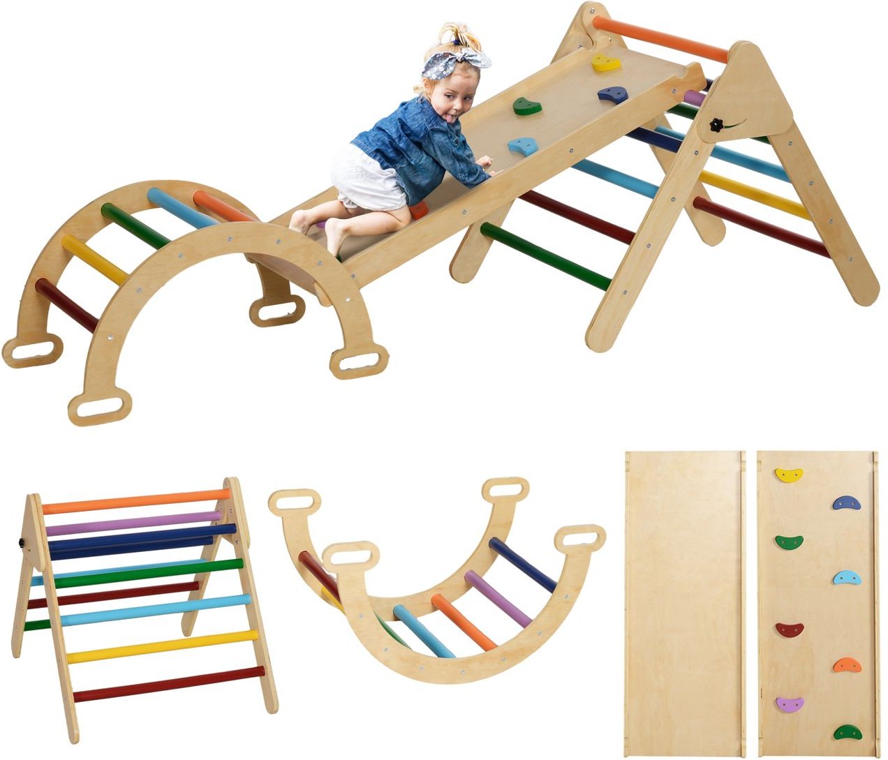 AIYAPLAY 5 in 1 Klettergerüst Set mit Rutsche, Kletterdreieck aus Holz Indoor