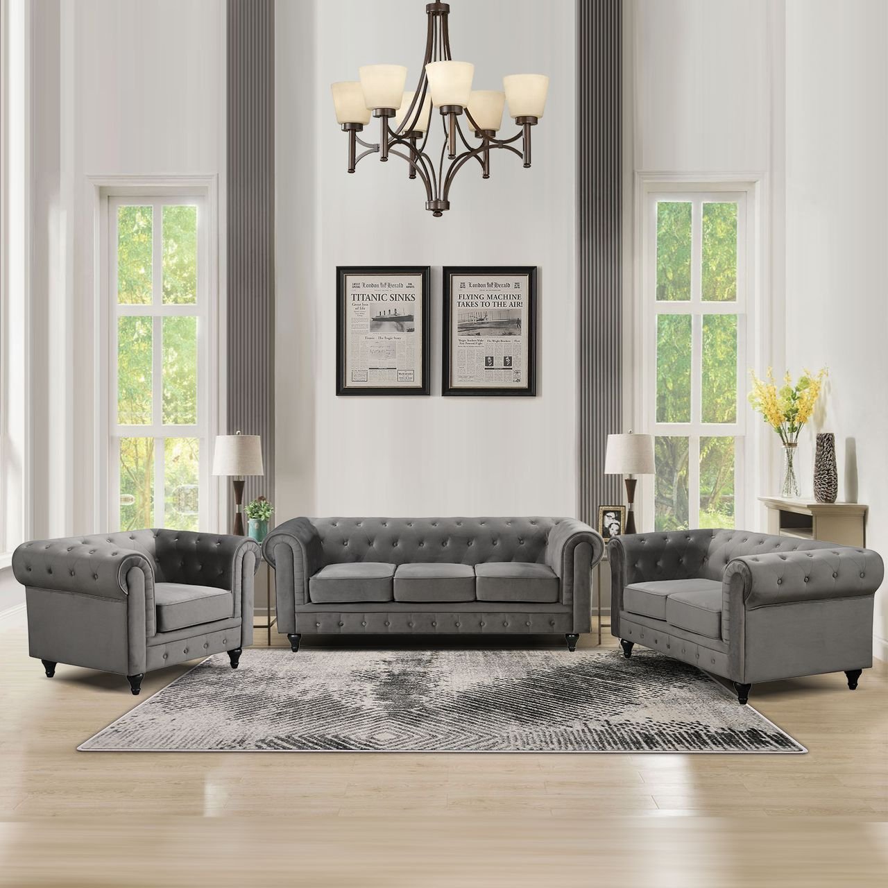 Thumbnail - 3tlg. Sofa-Set gepolstert aus Samtstoff - Grau
