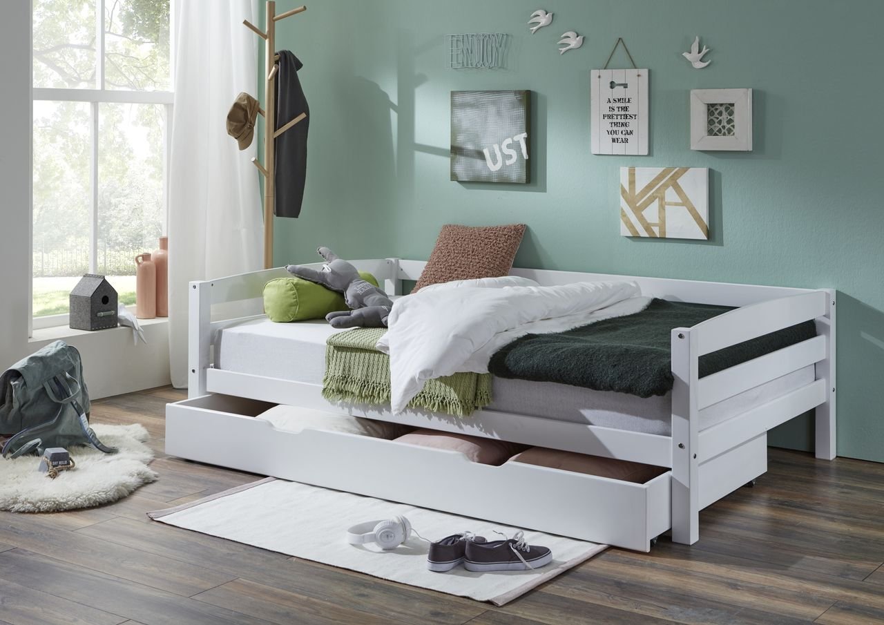 Einzelbett Nora, 120x200 cm, mit Bettkasten 90x190 cm, Buche massiv weiß lackiert