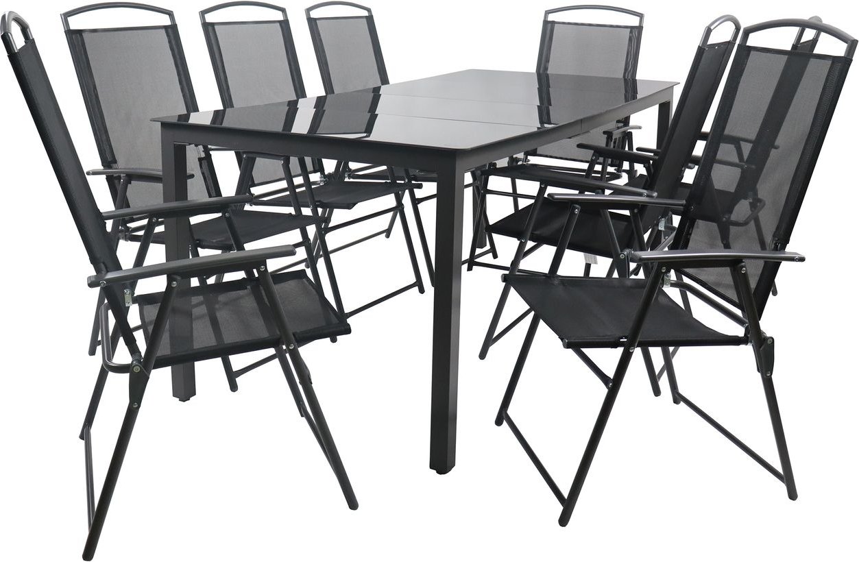 Thumbnail - 9-tlg Gartenmöbel Sitzgruppe Gartenmöbel Glas Tisch Stühle Hochlehner Set 190 Schwarzglas