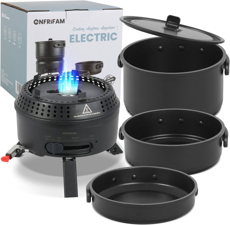 ENFRIFAM Campingkocher Set mit Topf und Pfannen, 2 in1 Elektro & Gaskocher