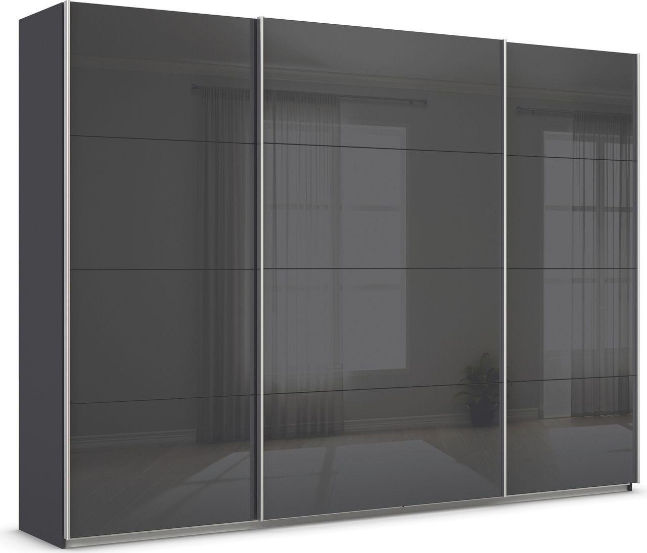 rauch Quadra Kleiderschrank 3-türig, mit Glastüren, Farbe Grau metallic Breite 315 cm