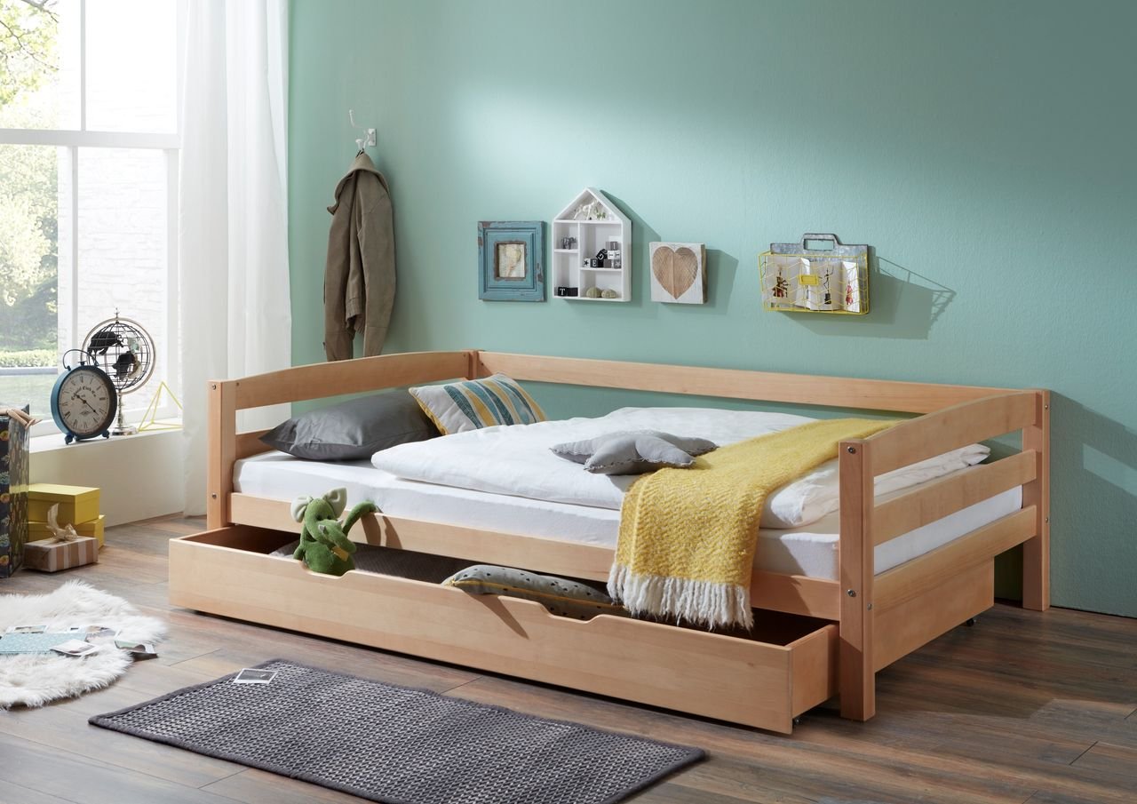 Einzelbett Nora, 90x200 cm, mit Bettkasten 90x190 cm, Buche massiv natur lackiert