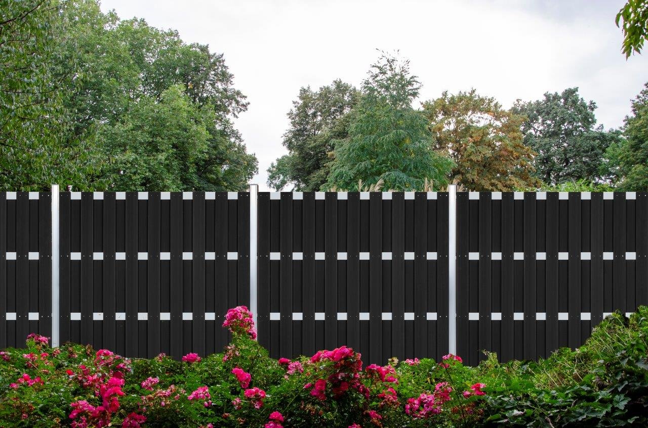 WPC Sichtschutzzaun Milano Line 3x Element Zaunfeld anth. & 4x Alu-Pfosten eloxiert